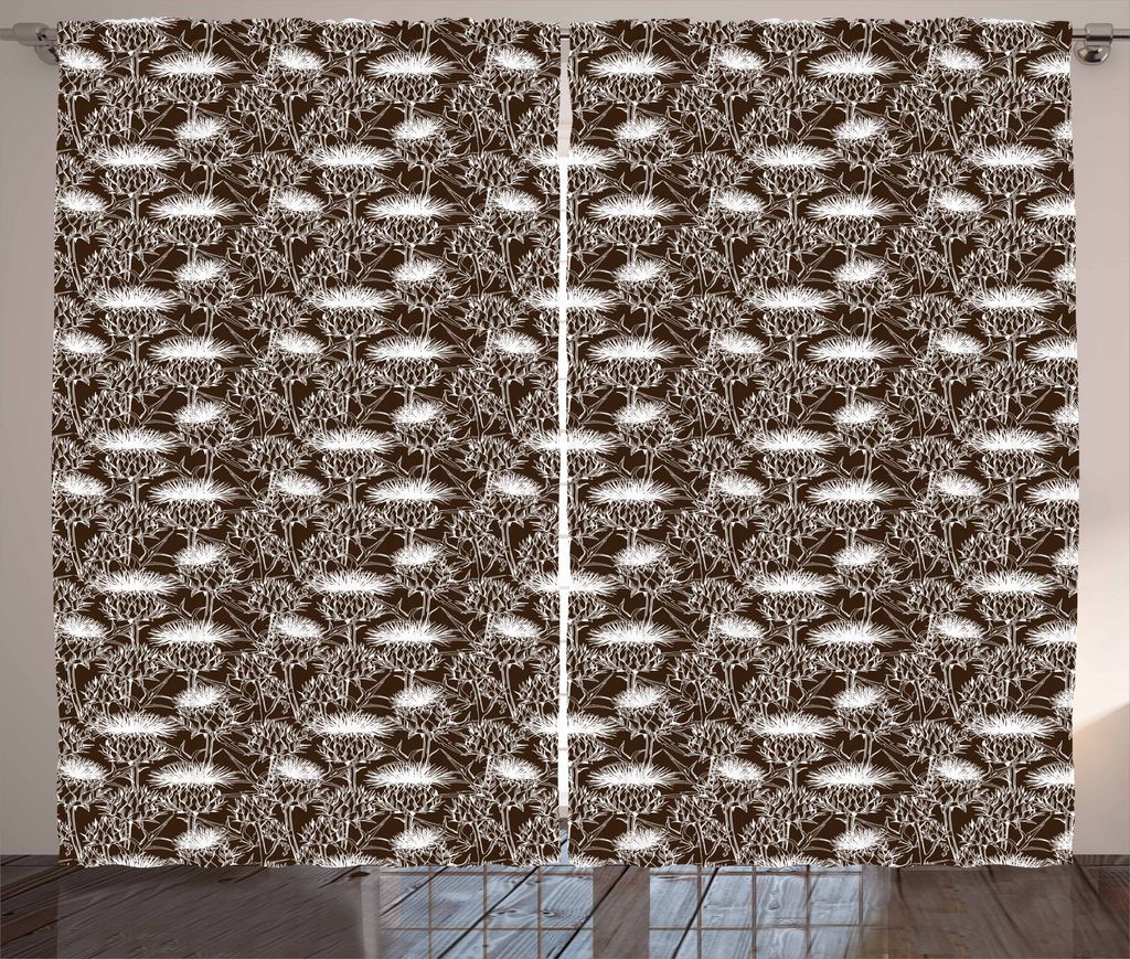 ABAKUHAUS Botanisch Rustikaler Vorhang, Silhouette Blumen, Wohnzimmer Universalband Gardinen mit Schlaufen und Haken, 280 x 175 cm, Braun und weiß