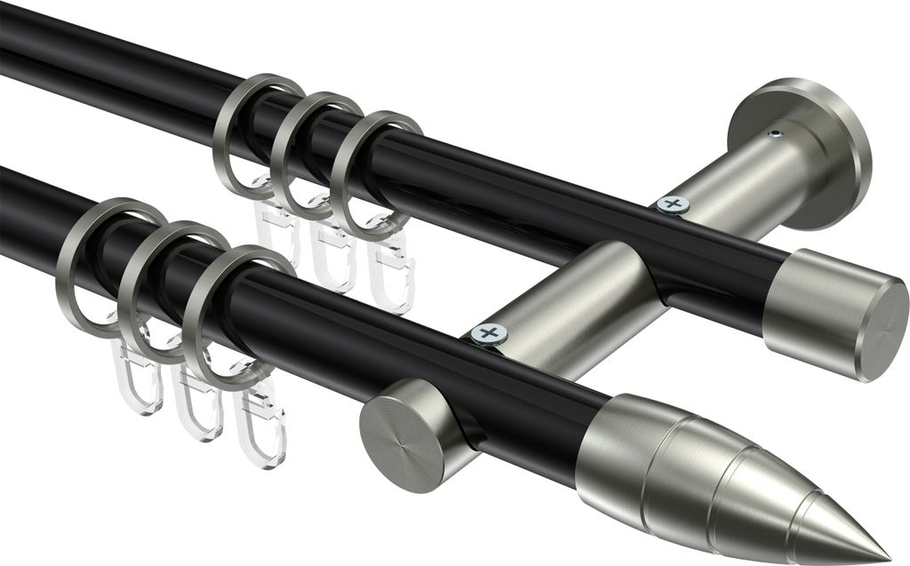Interdeco Gardinenstange / Vorhangstange Schwarz / Edelstahl-Optik, Typ Platon Samanto (Rillenpatrone), 20 mm Ø 2-läufig, 280 cm