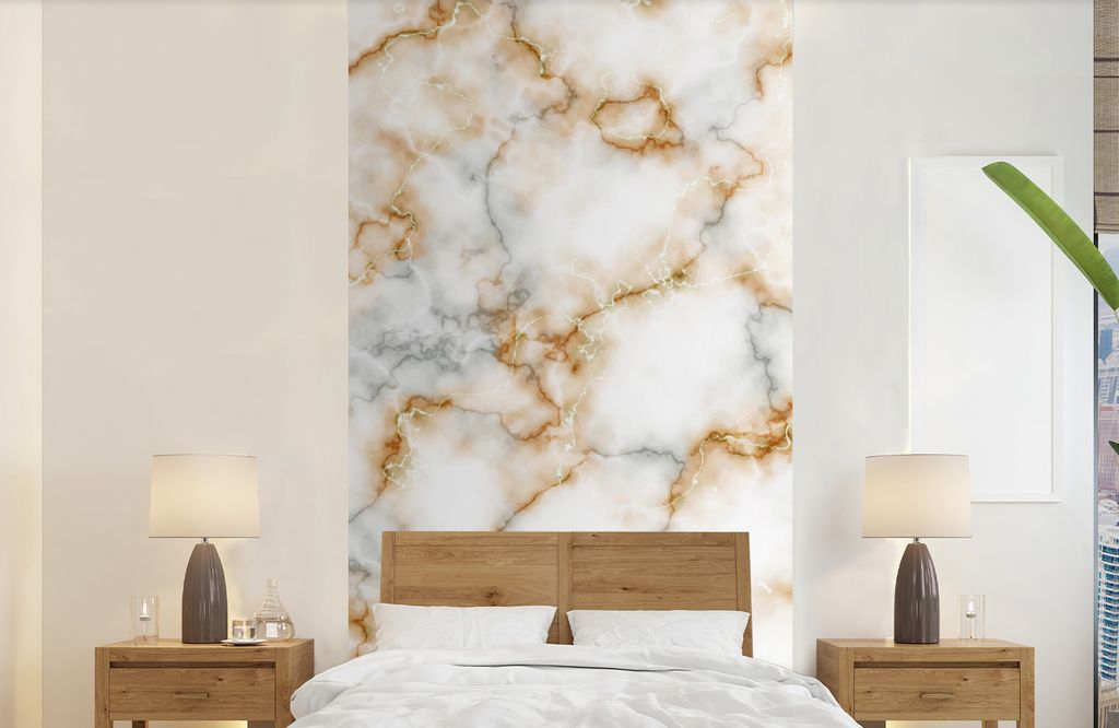 MuchoWow Fototapete für Wohnzimmer oder Schlafzimmer Wandtapete Vinyl Motivtapete Marmor - Weiß - Grau - Gold - 120x240 cm - Hintergrundbild