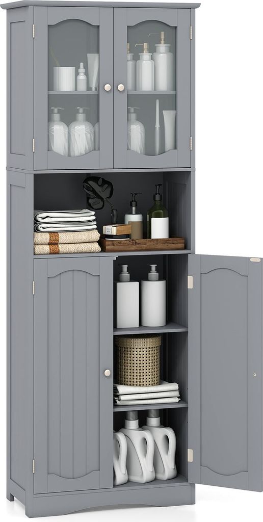 A gray bathroom cabinet with glass doors on top and solid doors on the bottom, filled with various bathroom products.