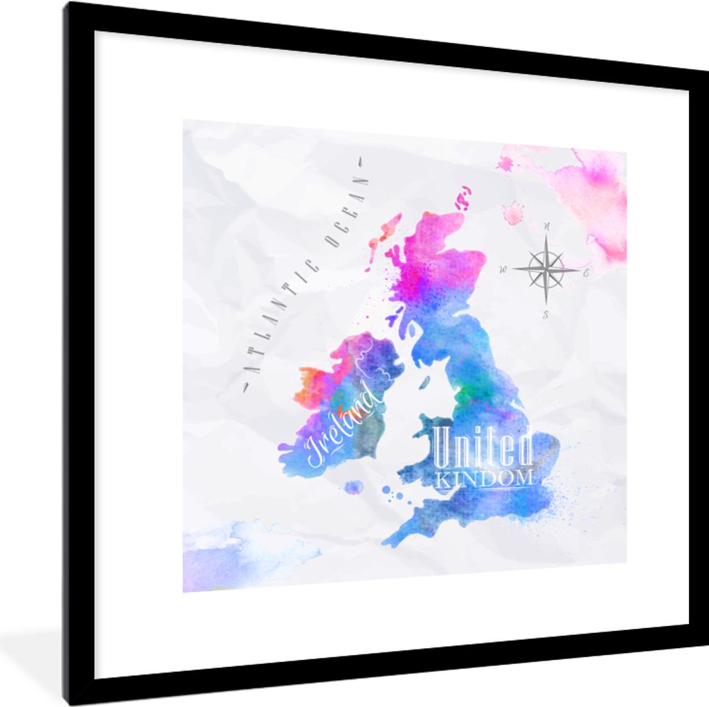 MuchoWow MuchoWow Gerahmtes Poster Weltkarte - England - Ölfarbe 40x40 cm - Poster mit zchwarzem Bilderrahmen - Poster - Plakat im Rahmen