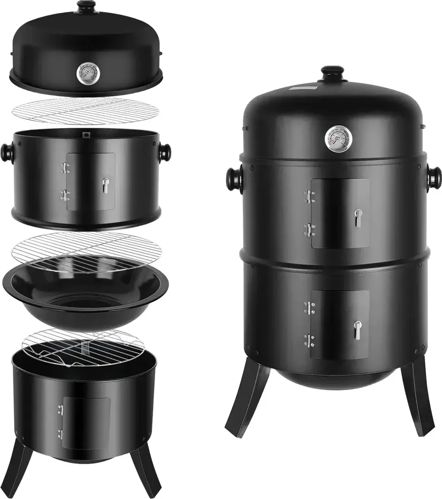Barbecue Fumoir Vertical 3 en 1 - Fumoir à Charbon Classique de 80 cm