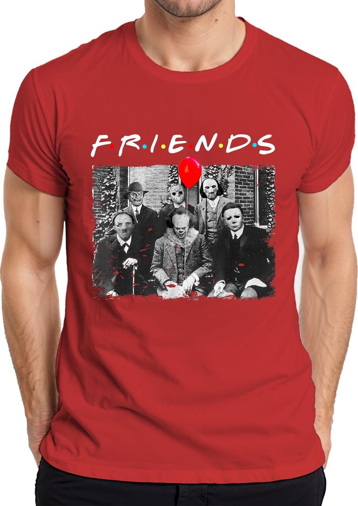 Horror Freunde Parodie Halloween Masken Pennywise Jason Michael Herren T-Shirt, Rot, S