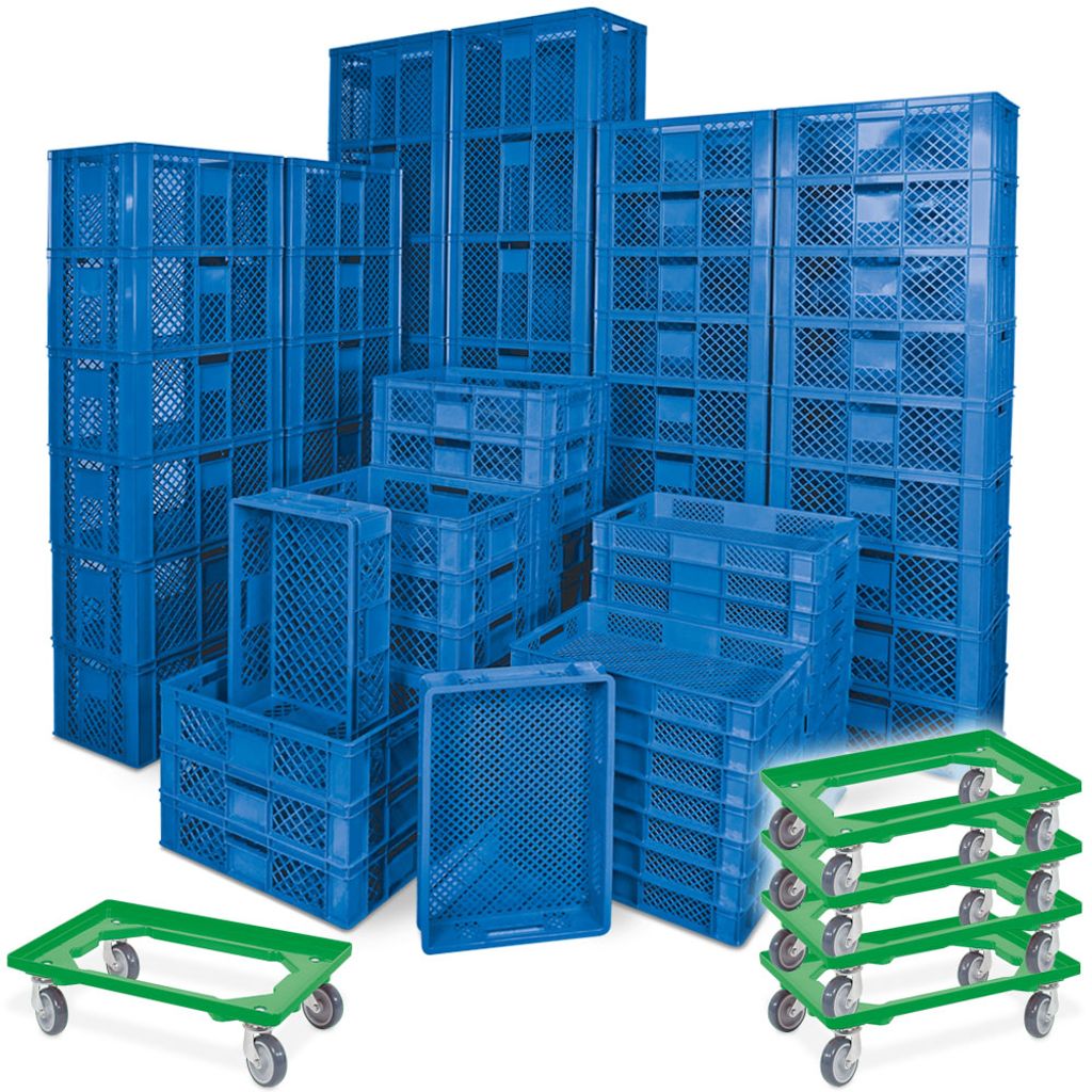 78 Stück Stapelkörbe/Bäckerkästen in 5 Größen, Grundmaß LxB 600 x 400 mm, H 90 mm, 150 mm, 240 mm, 320 mm, 410 mm, Farbe blau + 5x Transport...