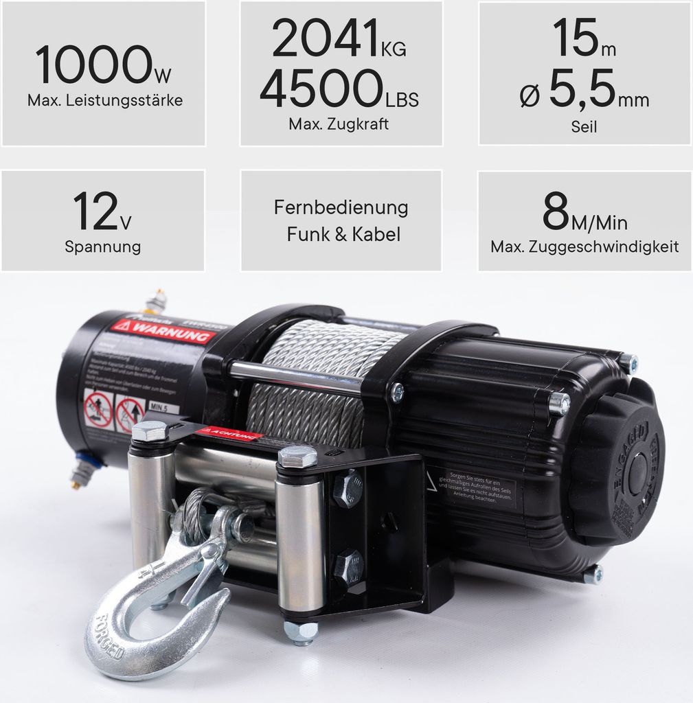 12V Elektrische Seilwinde – 4500 Lbs Zugkraft, Nylonseil, Mit Fernbedienung, Für ATV, UTV, SUV