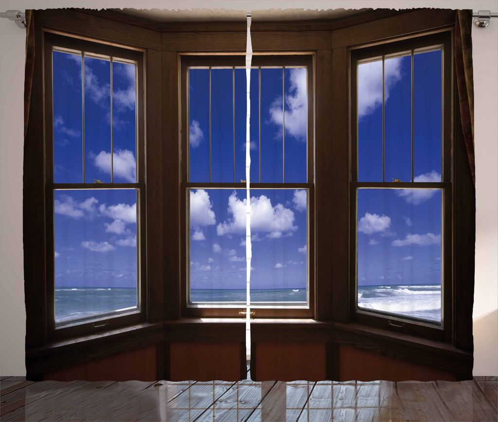 ABAKUHAUS Sommer Rustikaler Gardine, Ozean Meer Wolken Blick, Schlafzimmer Kräuselband Vorhang mit Schlaufen und Haken, 280 x 175 cm, Dunkelbraun ...