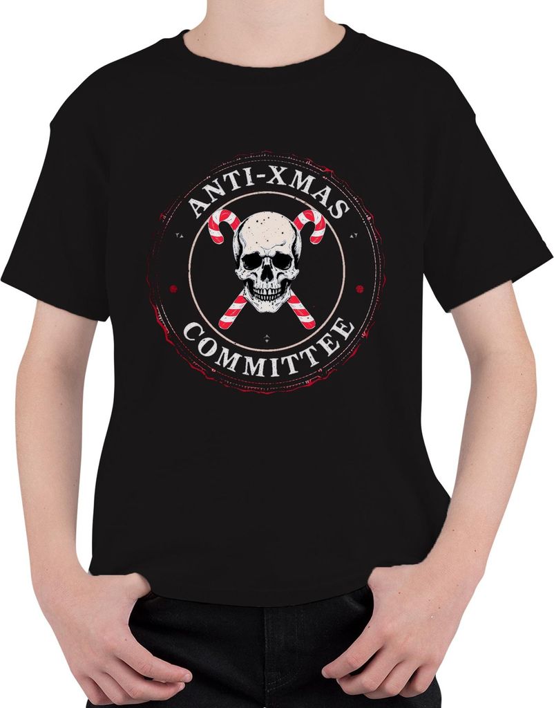 Anti Xmas Committee Skull Candy Canes Gothic Punk Weihnachten Uni Kinder T-Shirt, Schwarz, 152