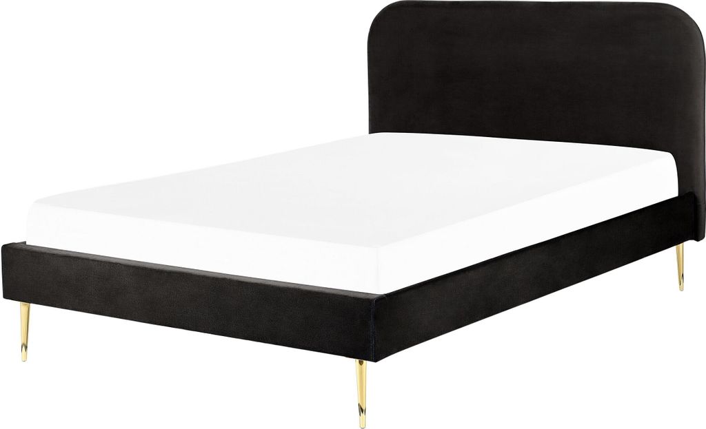 BELIANI Bett Schwarz Samtstoff mit Lattenrost 140 x 200 cm Metallfüße Gold hohes Kopfteil Retro Glamourös Polsterbett Doppelbett Schlafzimmer