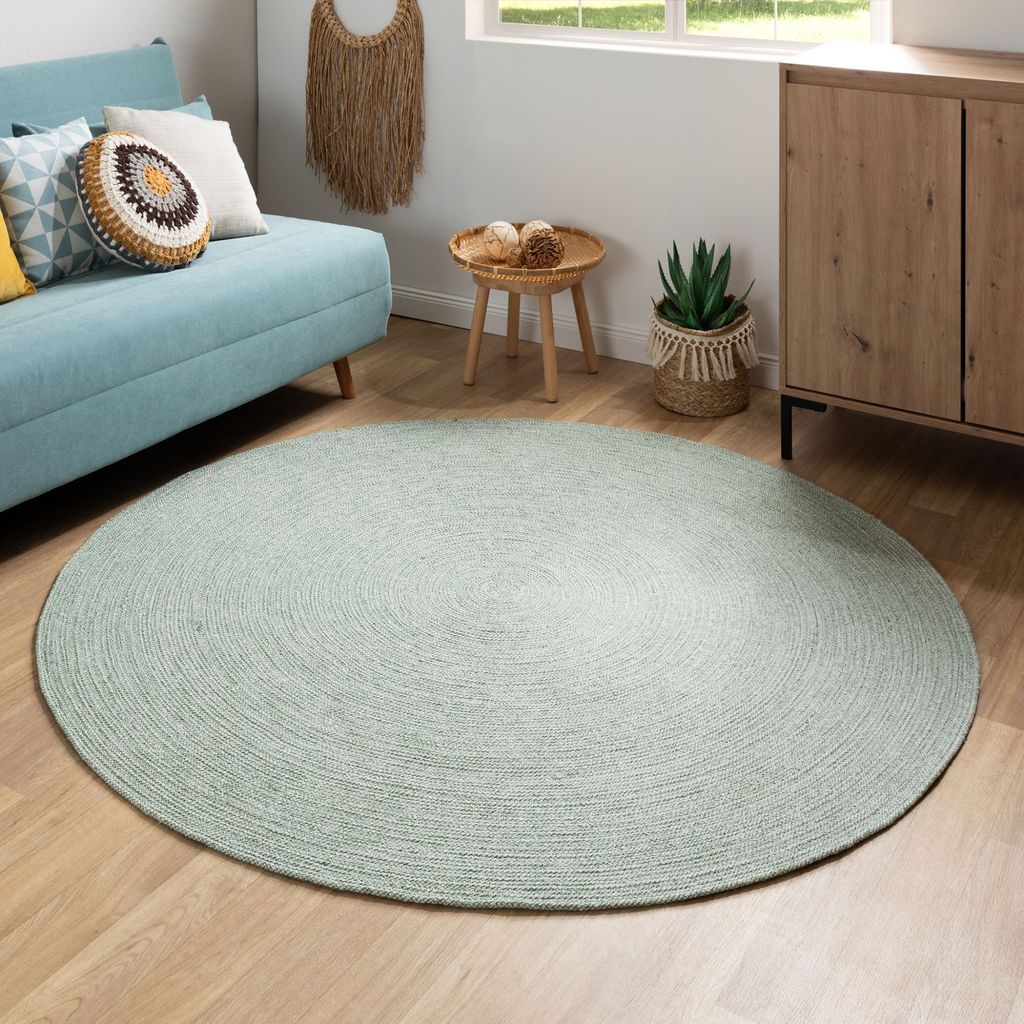 Steffensmeier Handweb Teppich Bali | 100 % Baumwolle, Grün meliert, handgefertigt, Größe: Ø 100 cm | Flur, Eingangsbereich, Wohnzimmer