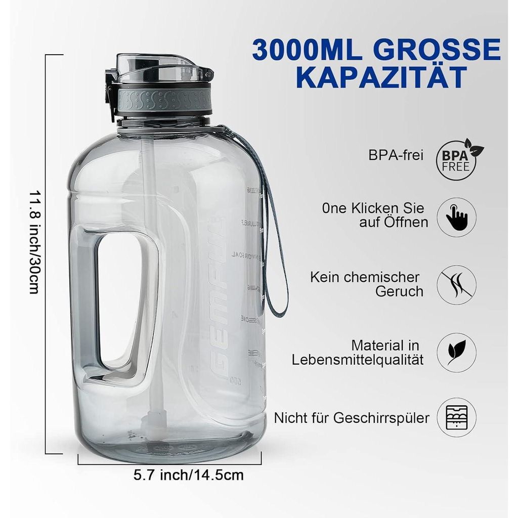 Sport-Trinkflasche 3L mit Zeitmarkierung, Strohhalm &