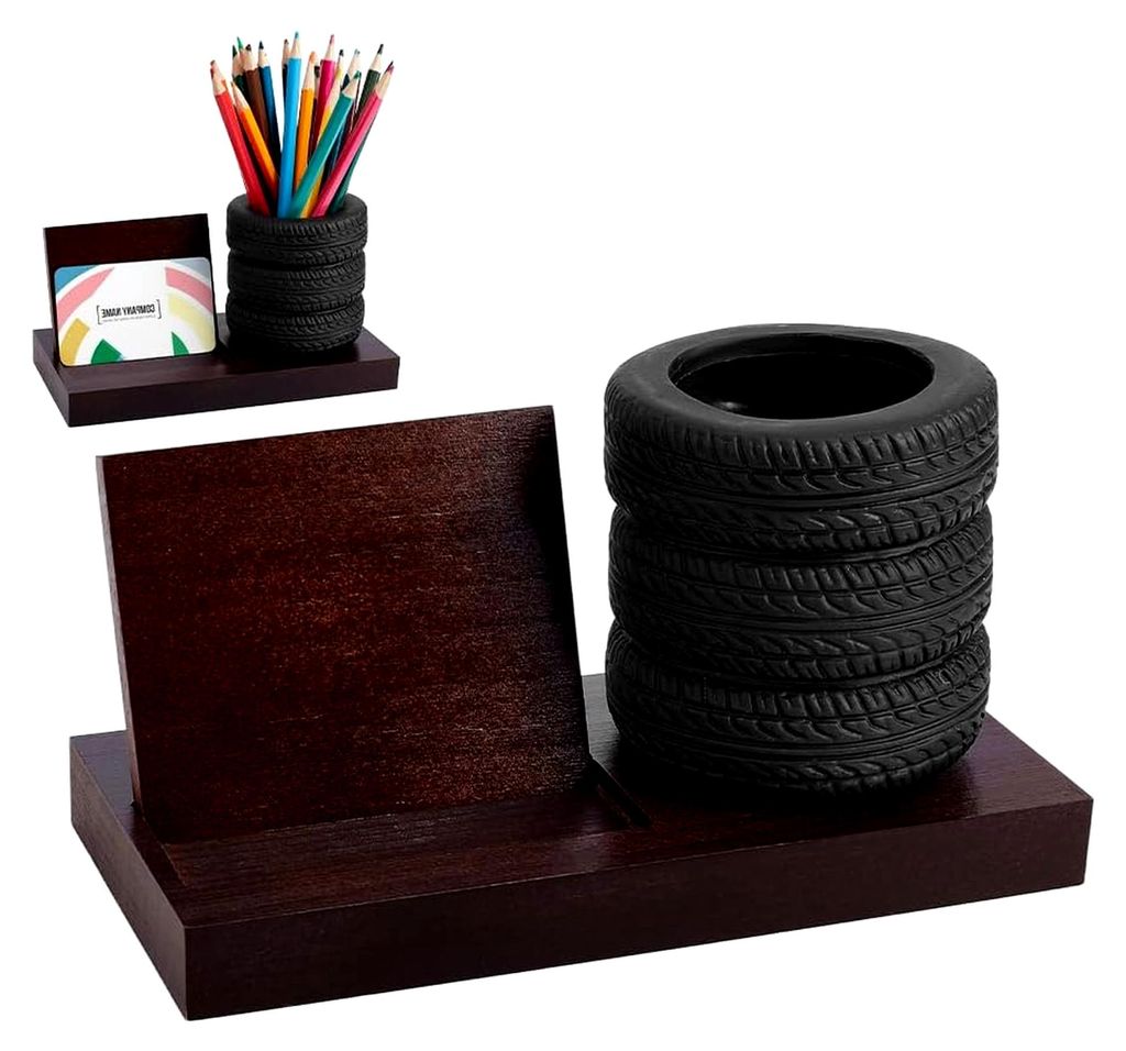 2 Stück Reifenstifthalter und Visitenkartenhalter, Reifenform Briefpapier-Set für Automobil-Schreibtischzubehör, Sattelbraun