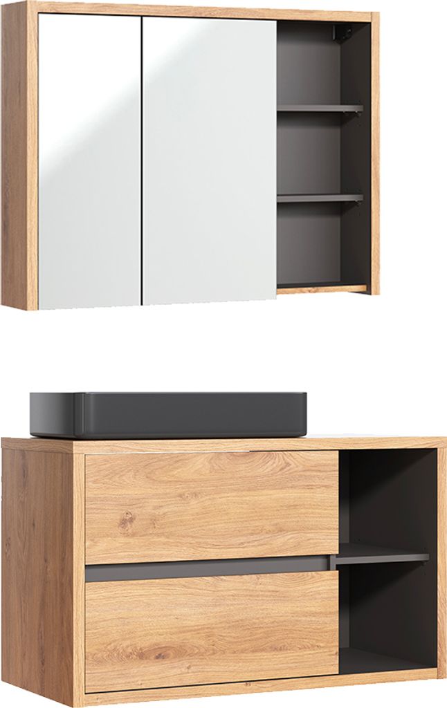 Waschtisch und Hängesäule 100cm Rigel mit 2 Schubladen, Holzoptik und Anthrazit