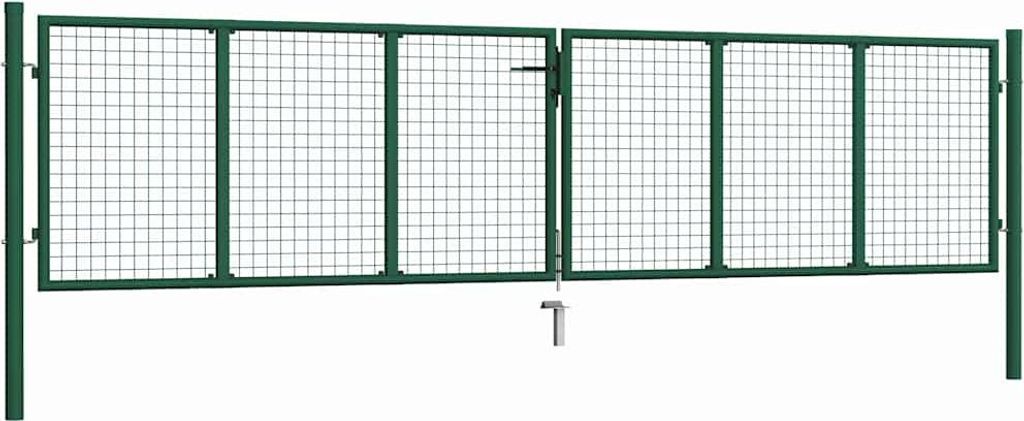 A green metal garden gate with mesh infill, shown against a white background.