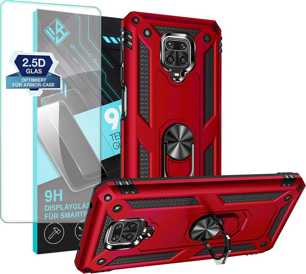 Armor Outdoor Handyhülle für Xiaomi Redmi Note 9 Pro Handy Panzer Case Schutzhülle mit 9H Displayglas Displayschutz Farbe: Rot