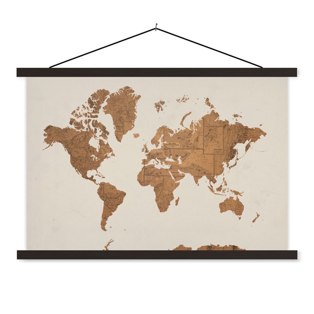 MuchoWow Textilposter Weltkarte - Vintage - Karten 60x40 cm mit schwarzem Rahmen - Hölzernes