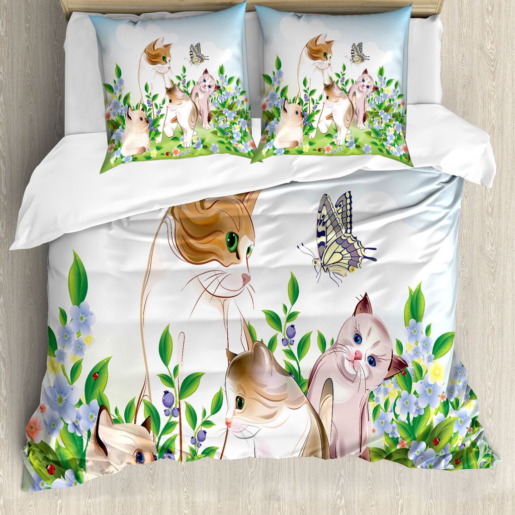 ABAKUHAUS Katze Bettbezug, Glückliche Kätzchen, Milbensicher Allergiker geeignet mit Kissenbezügen, 155 cm x 220 cm - 80 x 80 cm, Mehrfarbig
