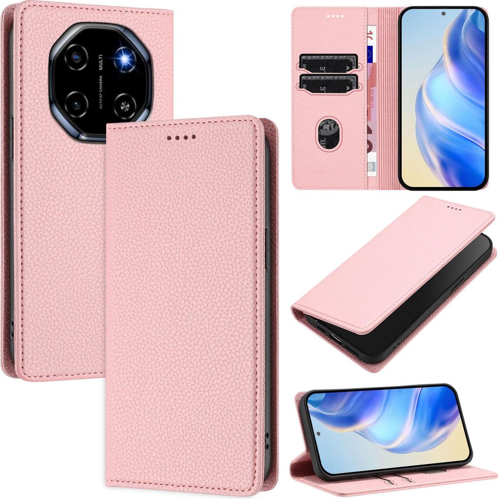 Litchi Leder Handyhülle für Blackview Shark 6 Wallet Kartenfächer Standfunktion Hülle Pink