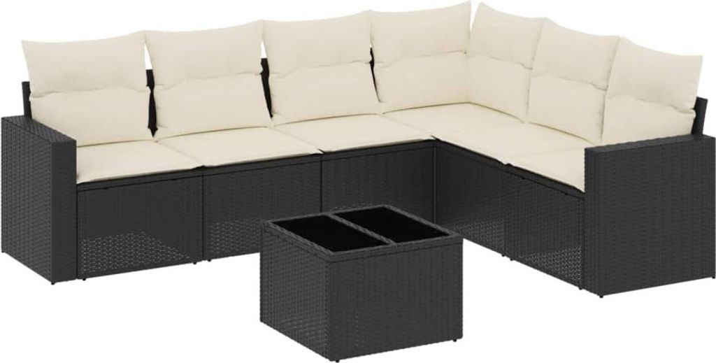 vidaXL 7-tlg. Garten-Sofagarnitur mit Kissen Schwarz Poly Rattan
