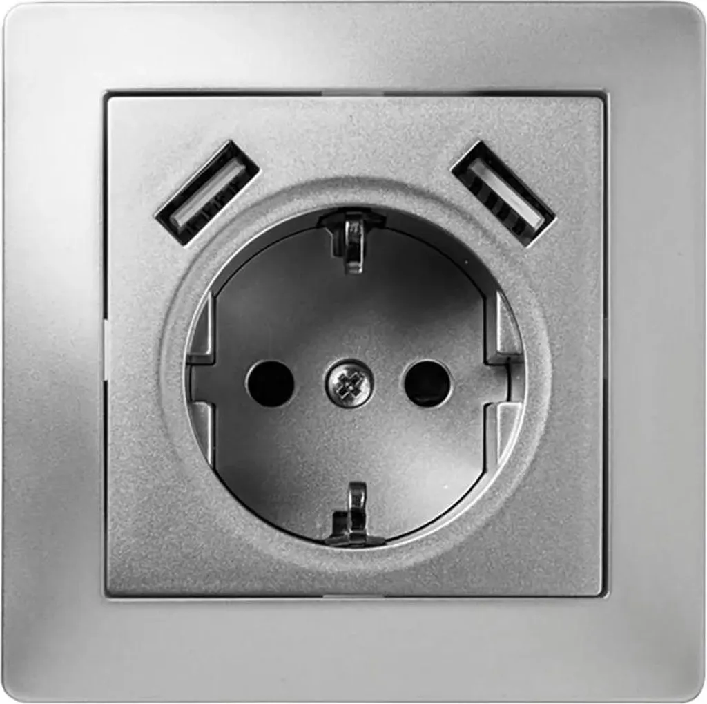 Famatel Habitat 15 Prise Argentée 16A 250V avec Double Chargeur USB Pro