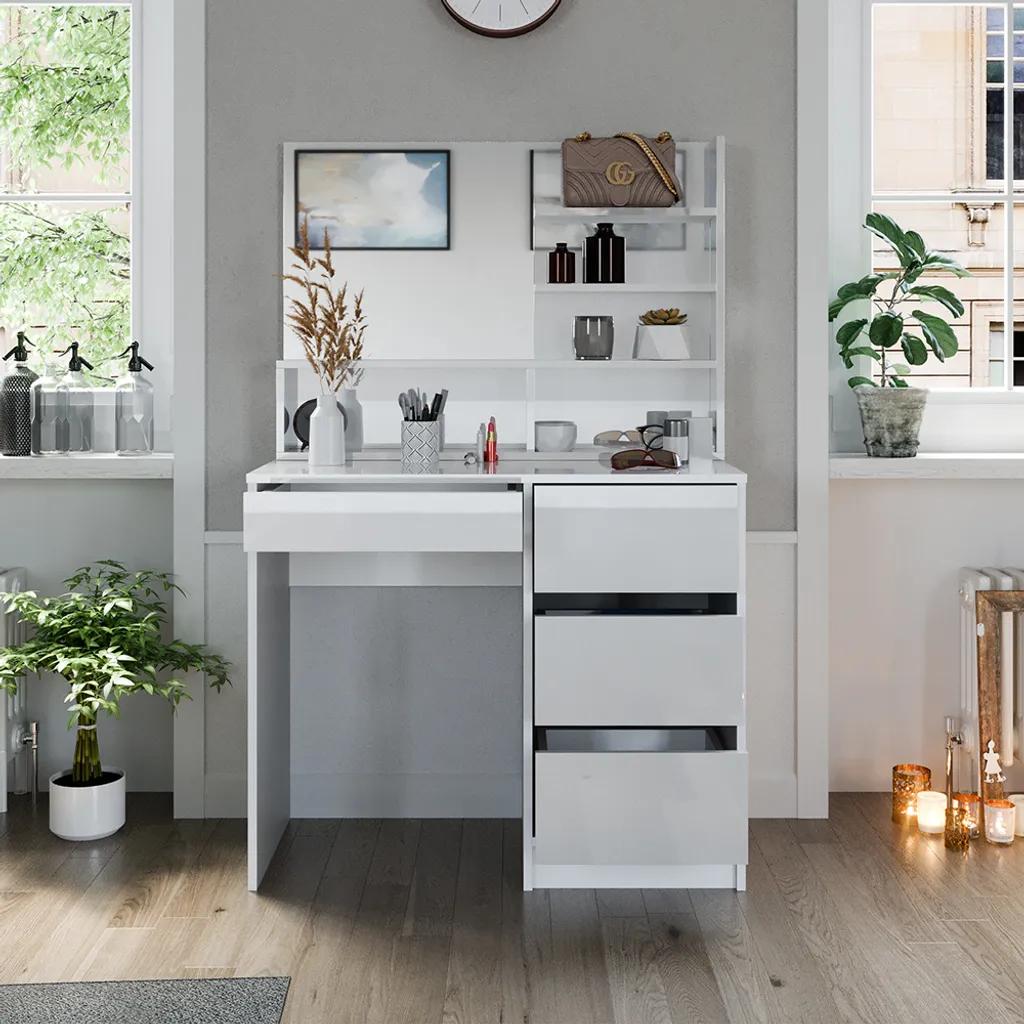 Table de maquillage Vicco Sherry blanche 80cm avec grand miroir fixe