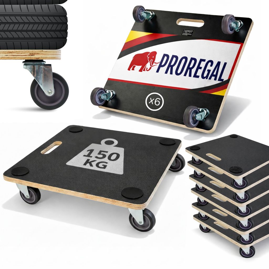 Mega Deal 6x Profi Transportroller HERCULES | BxT 50x50 cm | Traglast 150 kg | 4 Gummirollen & Griff | Siebdruckplatte | 2 Stück | Rollbrett für ...