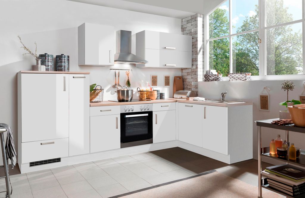 Winkelküchenzeile mit Elektrogeräten White Premium Lack Produktbild 