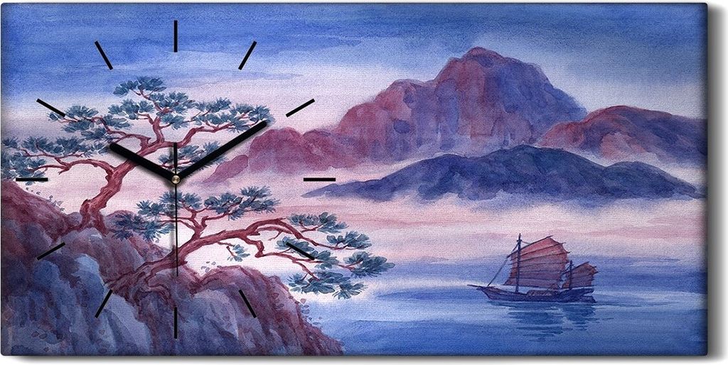 Dekor Leinwand Uhr Wandbilder 60x30 Berge und Segelboot auf dem Wasser - schwarze Hände