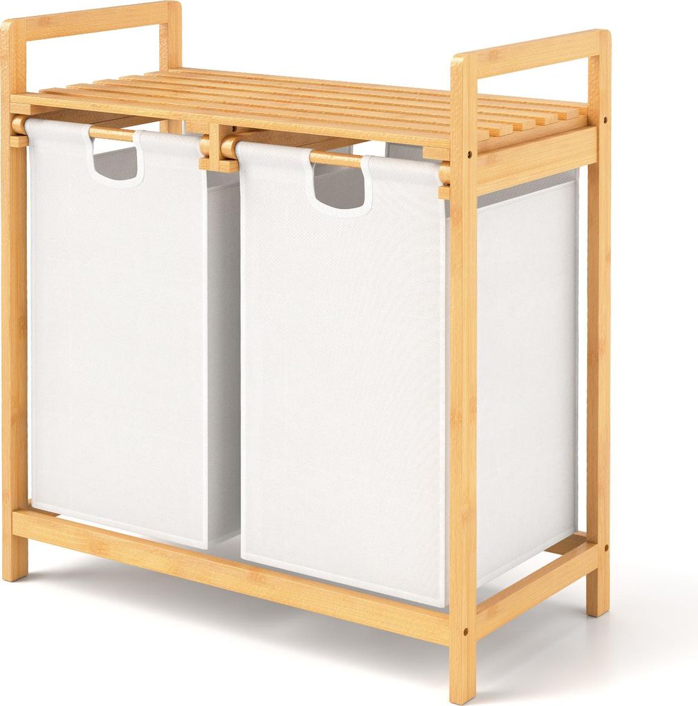 GOPLUS Wäschekorb 2 Fächer, Bambus Wäschesammler mit Ablage, Wäschebox Wäschesack Wäschesortierer ausziehbar und abnehmbar, 64 x 33 x 73 cm (...