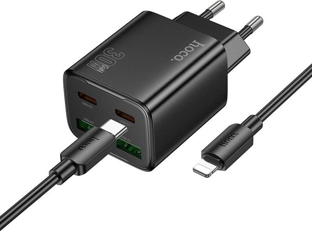 HOCO Netz-Ladegerät 2 x Typ C + 2 x USB A + Typ C auf Lightning Kabel PD QC3.0 3A 30W N56 schwarz