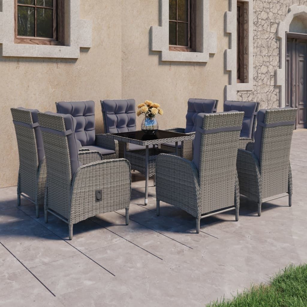 The Living Store 9-tlg. Garten-Essgruppe Poly Rattan und Glas Grau
