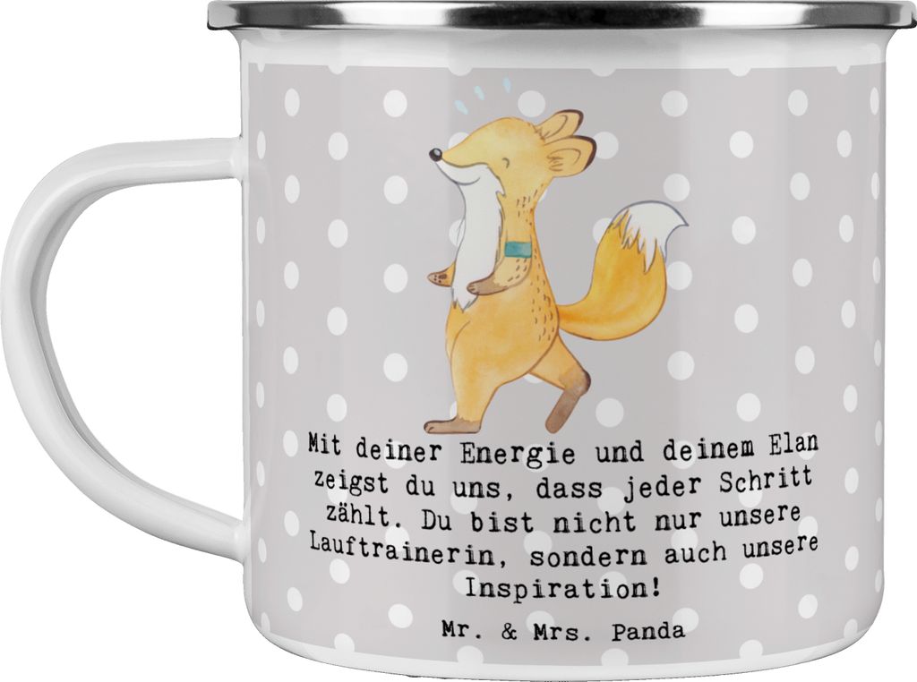 Mr. & Mrs. Panda Emaille Tasse Lauftrainerin Inspiration - Grau Pastell - Geschenk, Sportart, Trainingspläne, Trainerin, Kaffeepott, Gesundheit, A...
