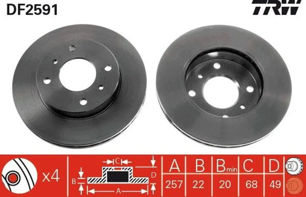 Disque de frein arrière plein TRW DF2591 pour Almera et Prairie N14 N15
