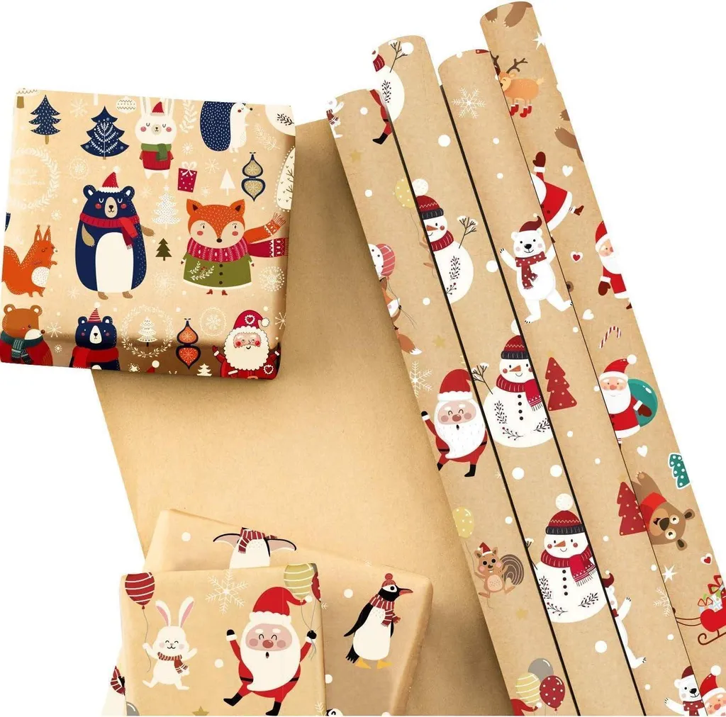 Carta Regalo Natale Kraft Riciclabile 6 Fogli Elementi Bianchi Rosso Marrone