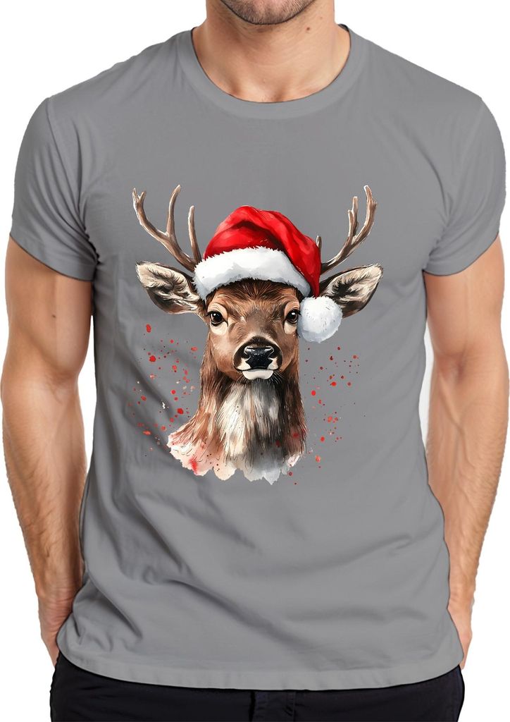 Rentier Santa Hut Weihnachten Aquarell Splatter Geschenk Retro Herren T-Shirt, Grau, M