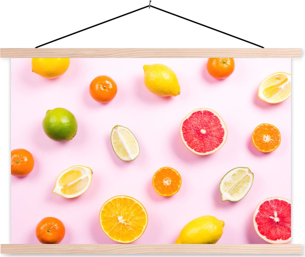 MuchoWow Textilposter Zitrone - Limette - Zitrusfrüchte 120x80 cm mit holzfarbenen Rahmen - Aufhängeset