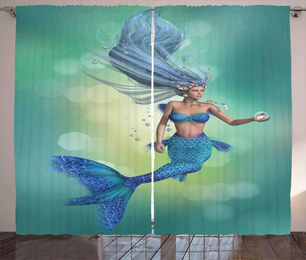 ABAKUHAUS Märchen Rustikaler Vorhang, Mermaids Schwimmen, Wohnzimmer Universalband Gardinen mit Schlaufen und Haken, 280 x 245 cm, Teal Blassblau