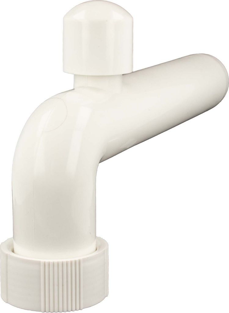 A white plastic pipe fitting with a cap on top and a threaded base.