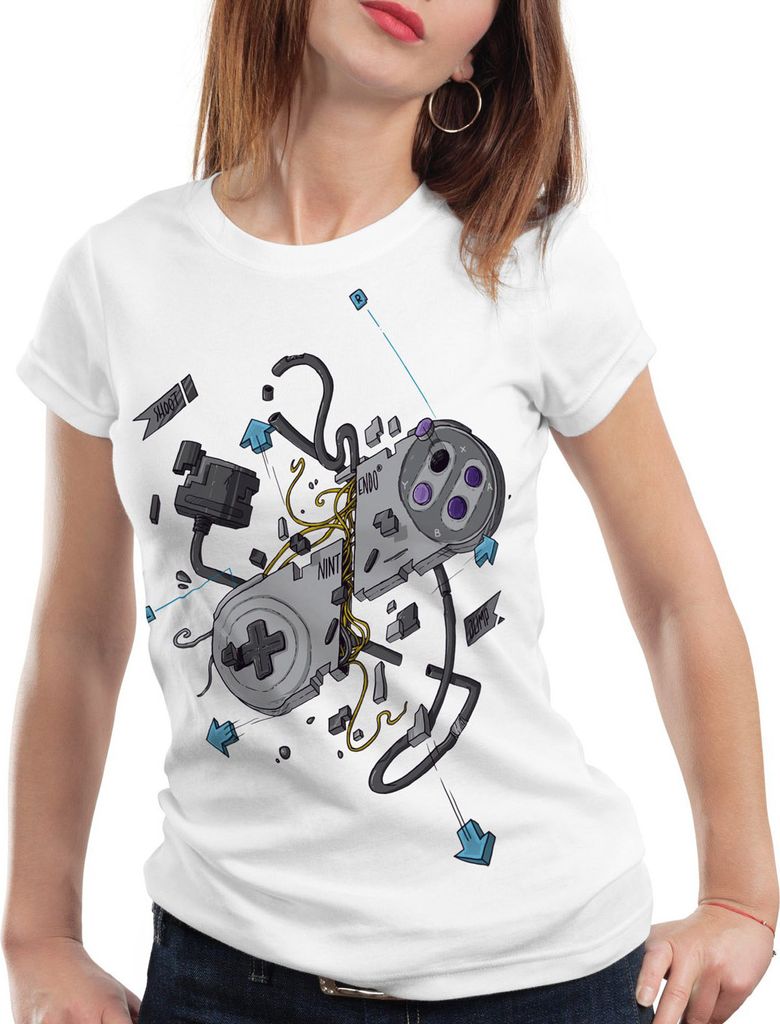 style3 16-Bit Controller T-Shirt Damen snes nes kart yoshi luigi mario, Farbe:Weiß, Größe:XS