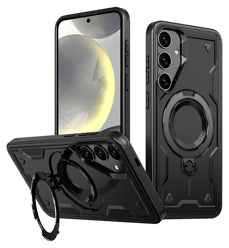 Dual Layer Hülle für Samsung Galaxy S24+ Metall Ring Ständer Magnetisch Stoßfest Militär Handyhülle Schwarz