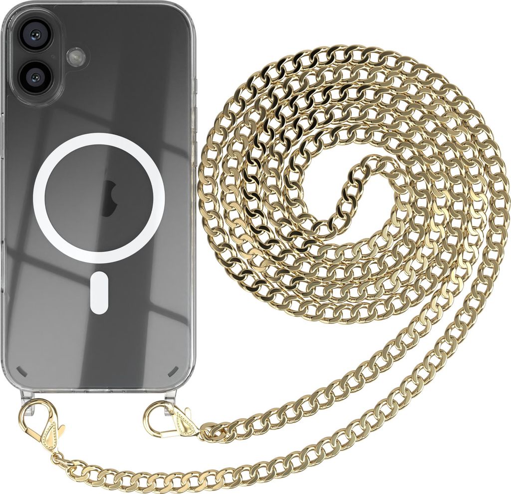 EAZY CASE Handykette kompatibel mit Apple iPhone 16 Plus, Kette zum Umhängen aus Metall, Silikonhülle mit Band, stoßfest, mit MagSafe in Gold