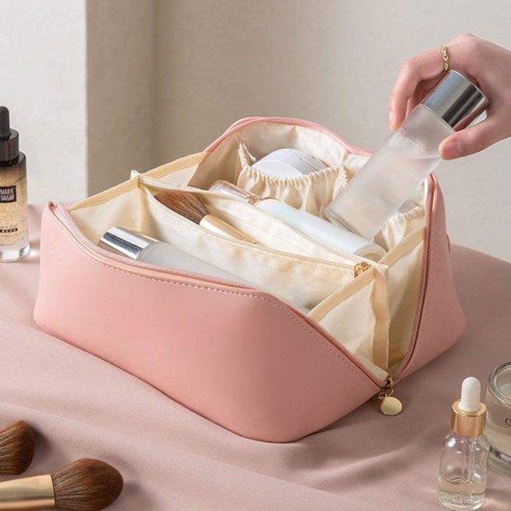Reisbeutel für Damen, tragbare Make-up-Taschen mit großem Fassungsvermögen und festen Verteilern, große Öffnung, flache Make-up-Taschen für d...
