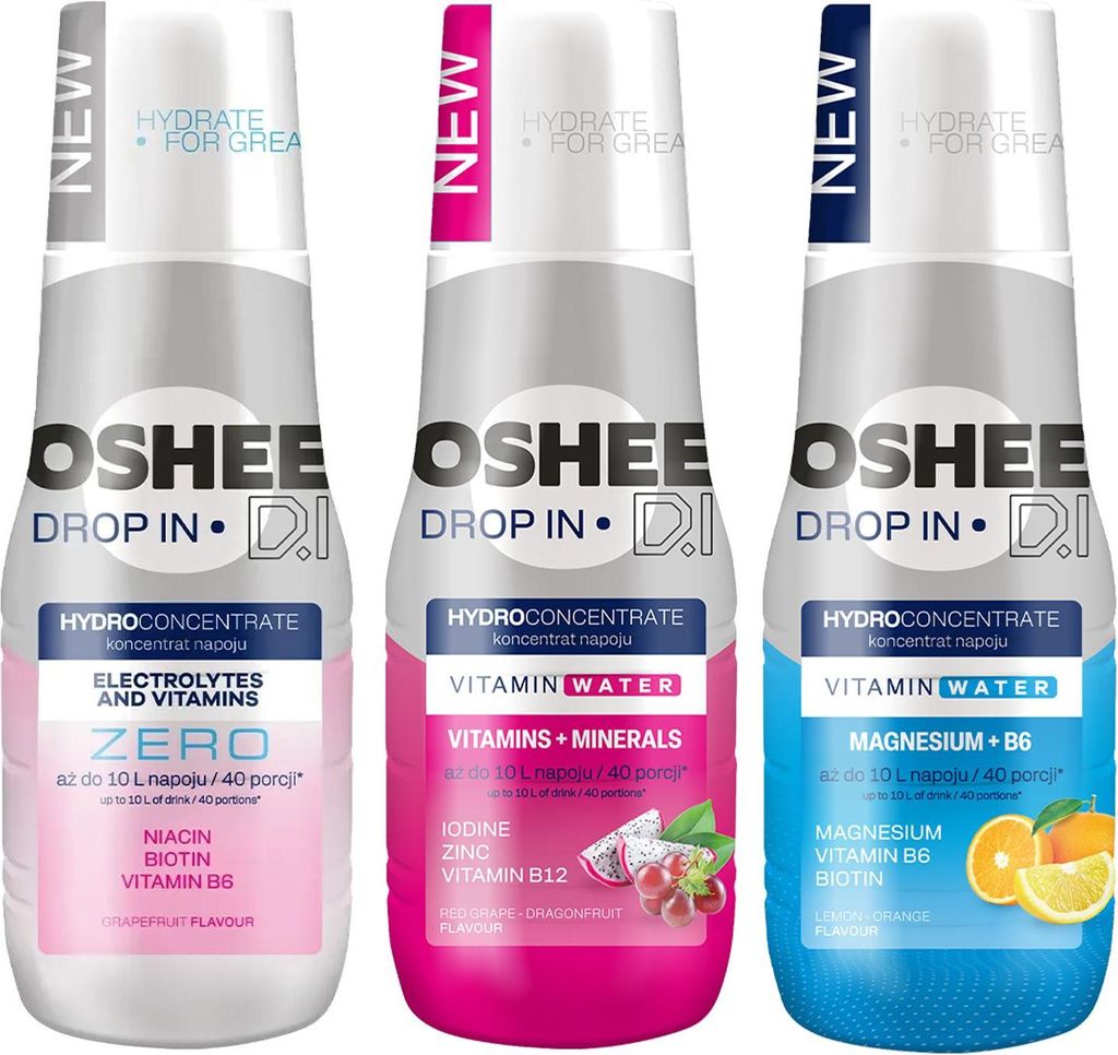 Three bottles of Oshee Drop In Hydroconcentrate.