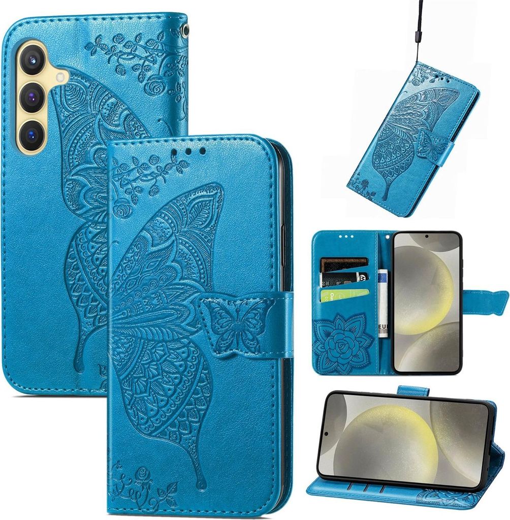Für Samsung Galaxy S25 FE 5G Kunstleder Wallet Handy Tasche Schmetterling Design Hülle Etuis Blau