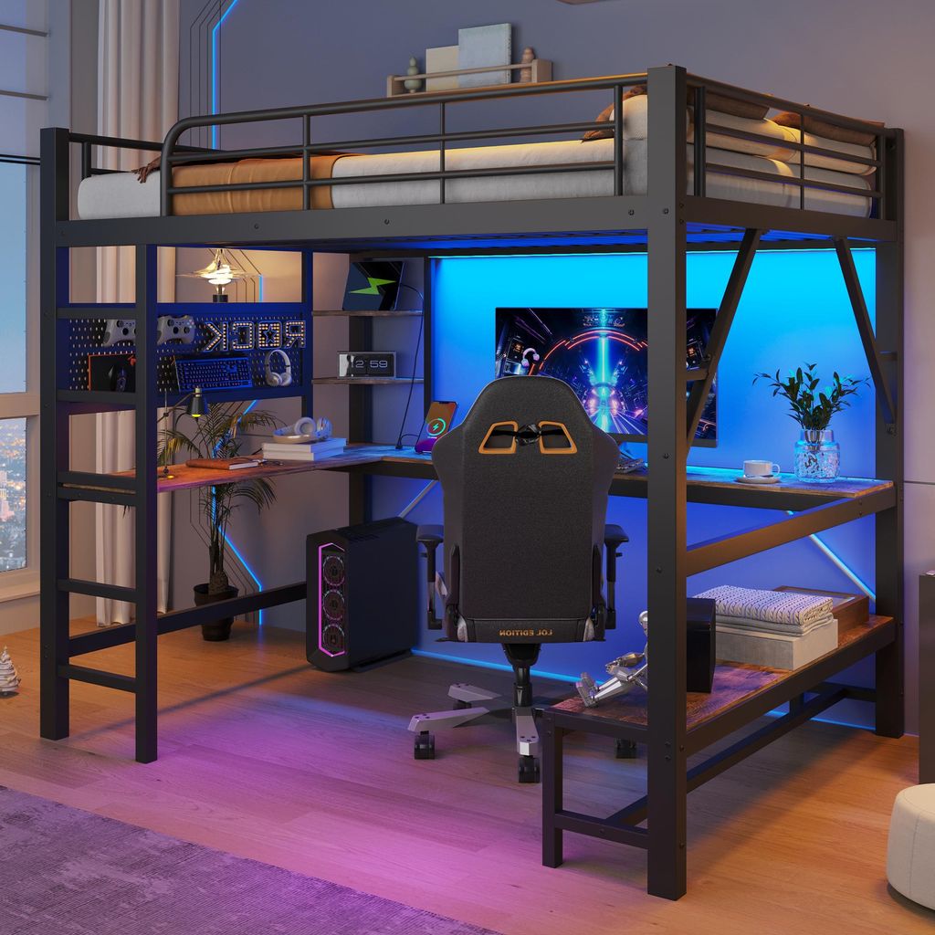 Hochbett 160 x 200 cm mit Schreibtisch, Regalen, LED, Produktbild 