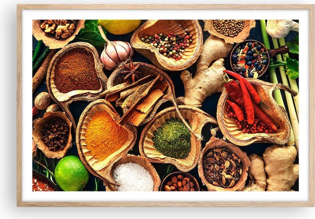 Gerahmtes Poster - Rahmen in heller Eiche - Küche Essen Kräuter Gewürze - 91,5x61 cm - Wand Bild - Wanddeko - Wandbilder - Wandposter - Bilderra...