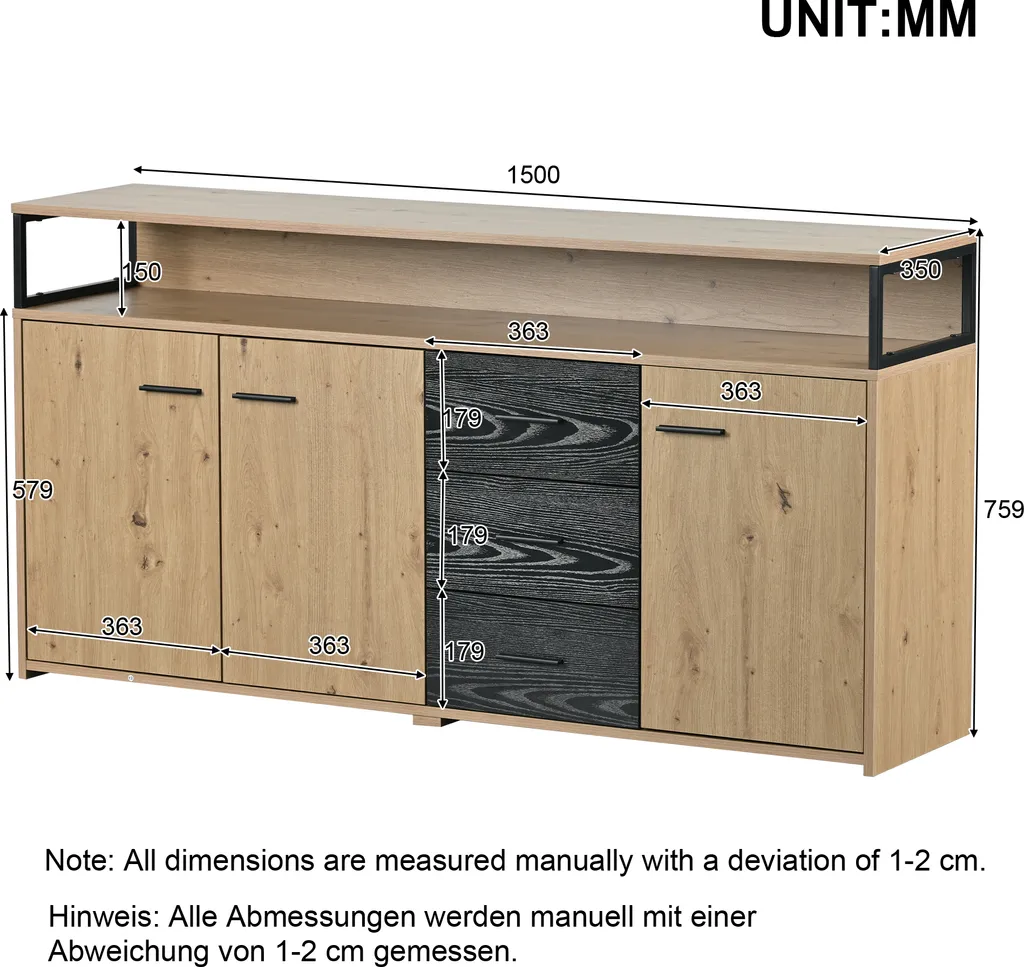 Commode 3 tiroirs avec étagères réglables en chêne massif de 150 cm - 7