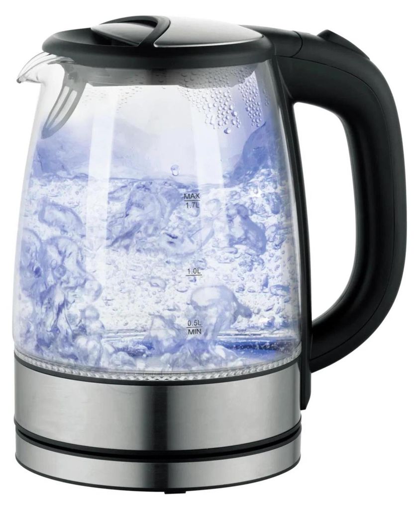 A glass electric kettle with water boiling inside, illuminated by blue LED lights.