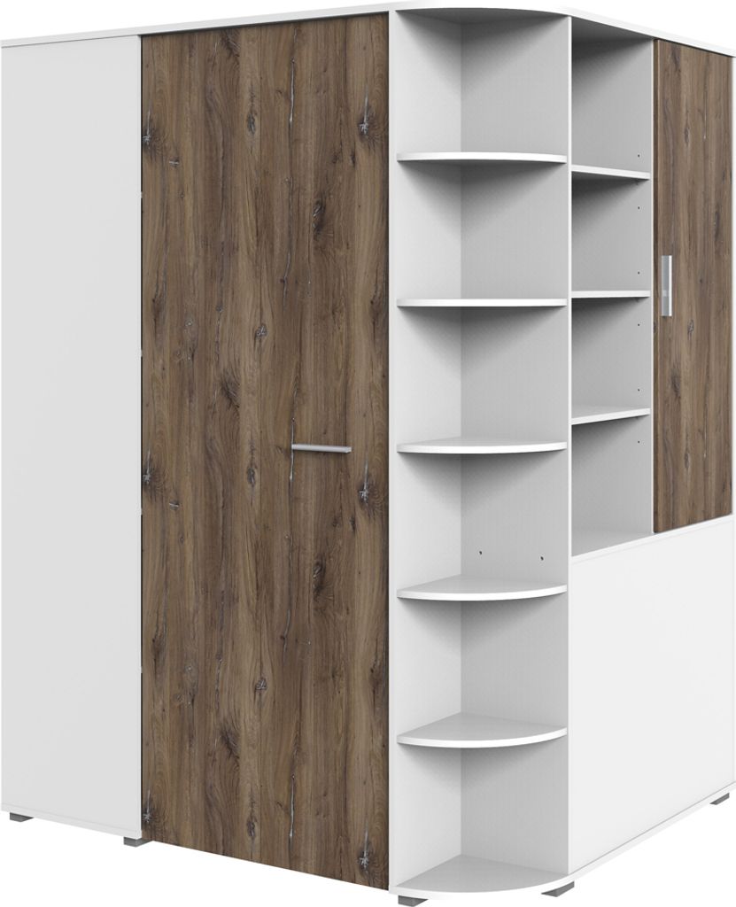 begehbarer Eckkleiderschrank mit Falttür JOHANNESBURG-43 in weiß mit Eiche Nb., B/H/T: ca. 124/199/148 cm