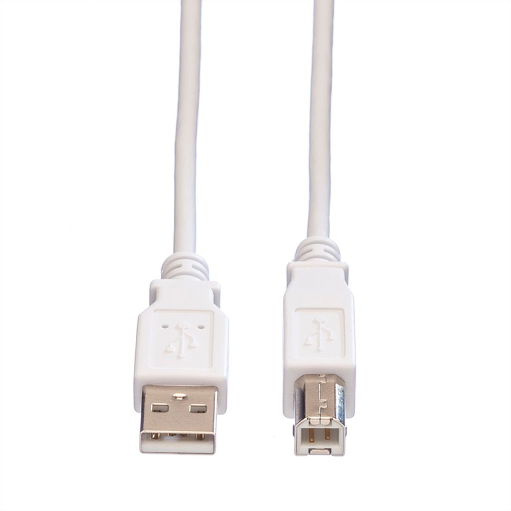 A white USB 2.0 cable with Type-A and Type-B connectors.
