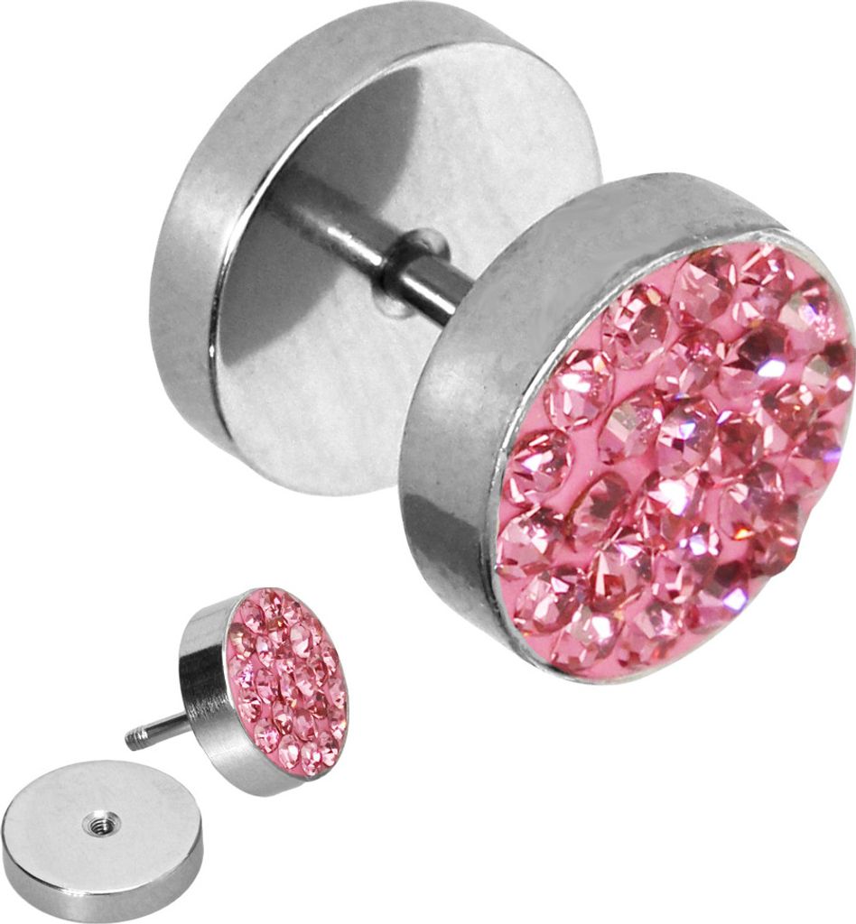 Fake Plug Edelstahl Tunnel Zirkonia Strass Kristall Schraubverschluss Ohrstecker pink 10 mm
